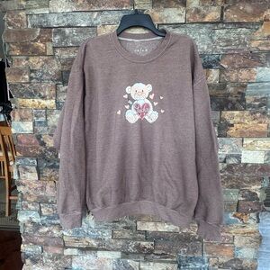 Brown Crewneck Sweater with Teddy Heart Graphic